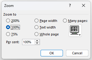 Zoom tool options in Word